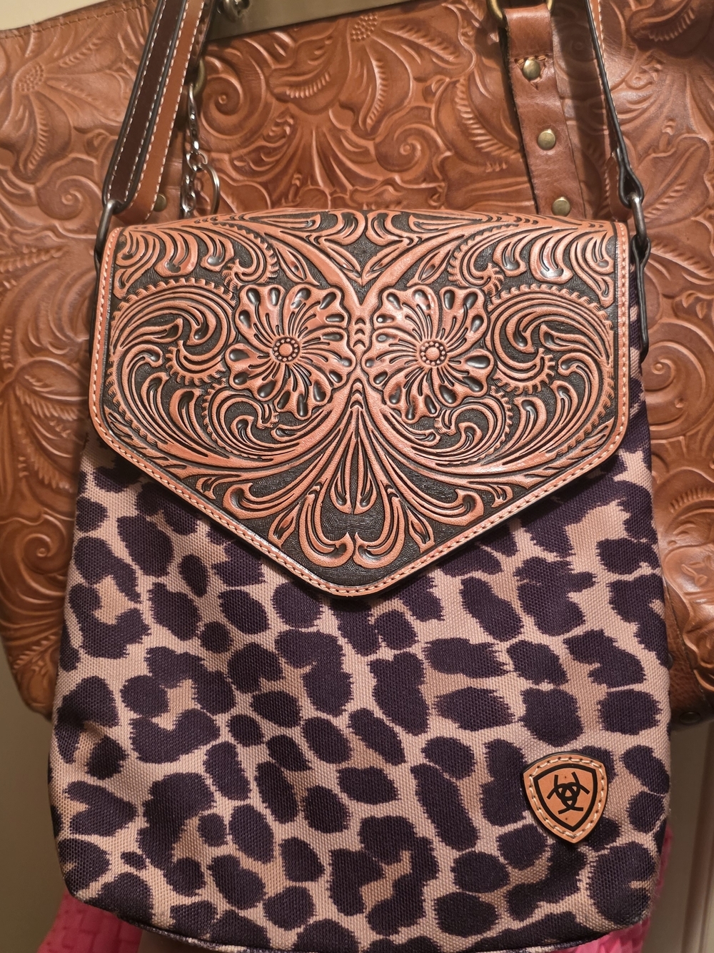 Ariat Tooled Leather Flap Leopard Print Crossbody Bag